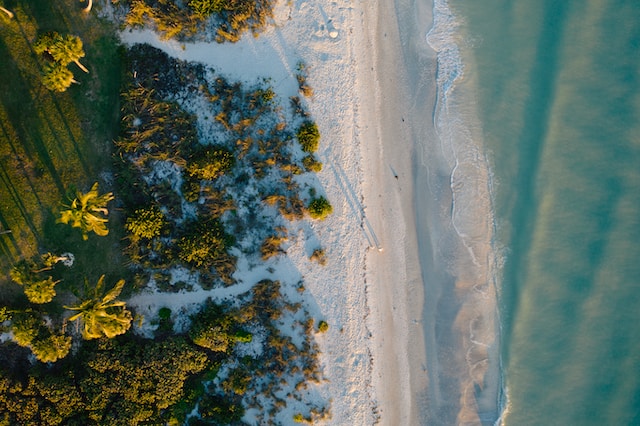 Ariel view of a beach and sand