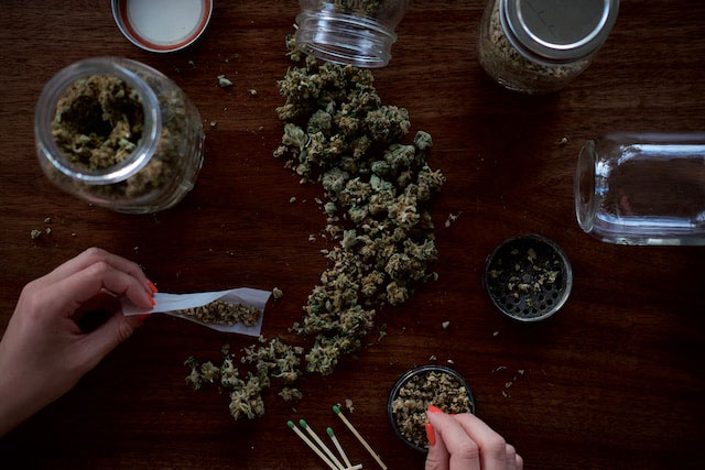 A person filling rolling paper with weed over a row of dried buds with jars empty and full on either side