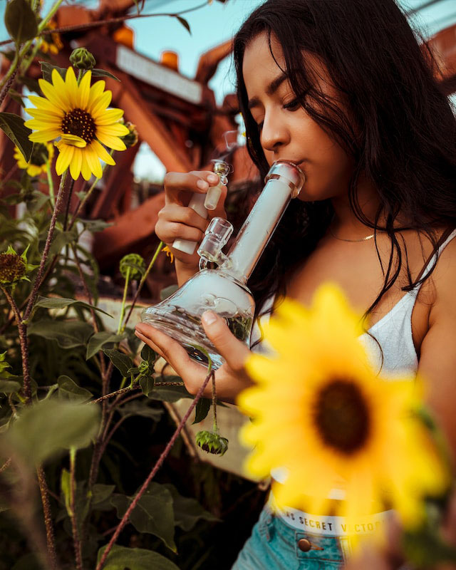 Latinx person standing in a field between two yellow flowers lighting a grav bell base water pipe