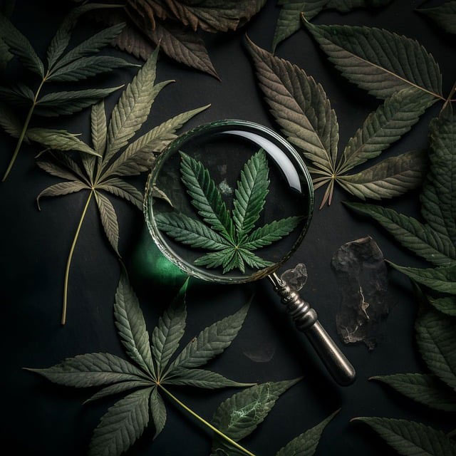 Several dark forest green marijuana leaves on a black background. The center one has a magnifying glass on top of it and is emerald green in color