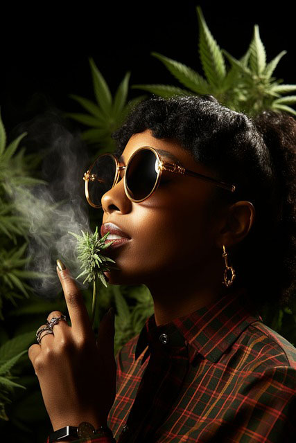 A female-presenting BIPOC person in a red and dark green plaid shirt wearing sunglasses, holding a cannabis bud up to her lips. Smoke is coming out of the bud, and there are giant marijuana plants behind her.