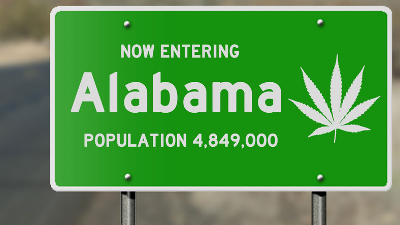 Alabama highway sign with marijuana leaf