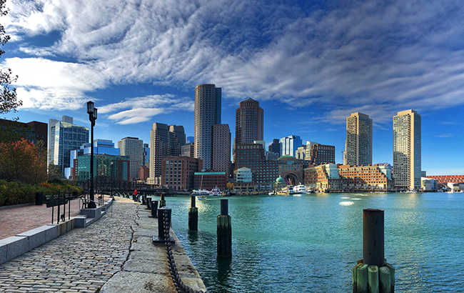 View of Boston seaport with buildings in the background