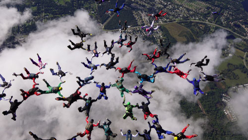 Group of skydivers setting a record in the skies above Deland, Florida.