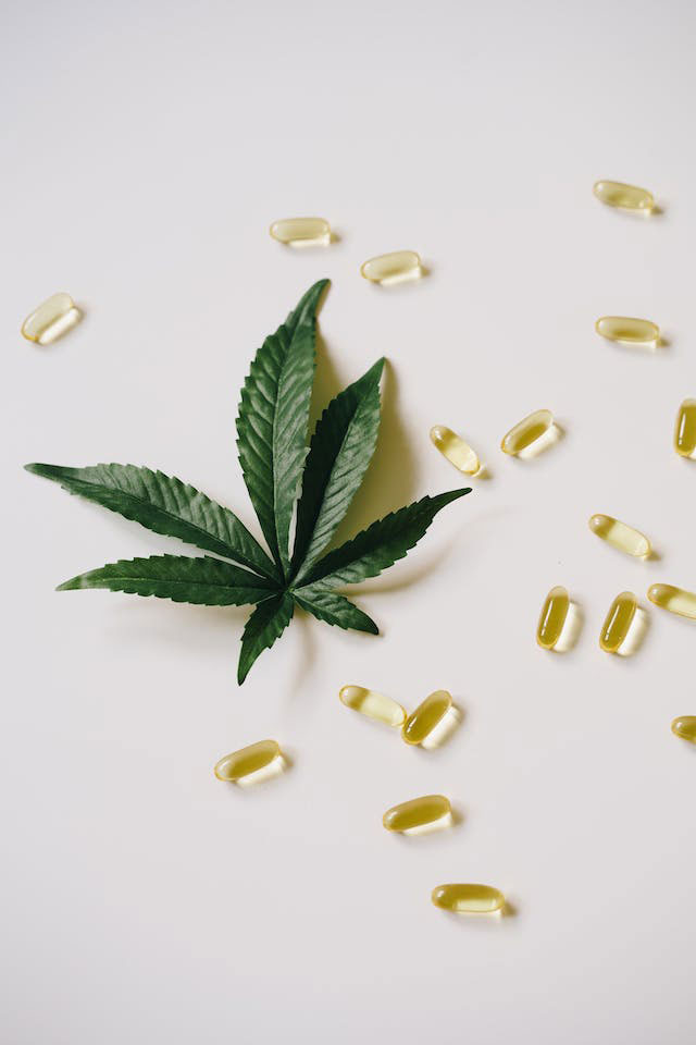 Green cannabis leaf and soft gel capsules
