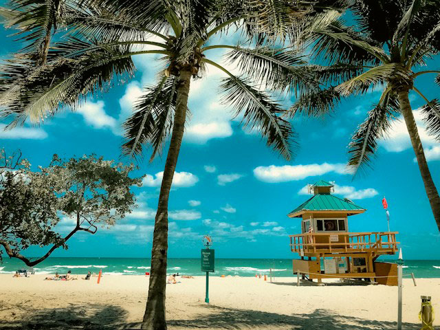 A lifeguard hut and palm trees on a beach in Sunny Isles Beach, FL
